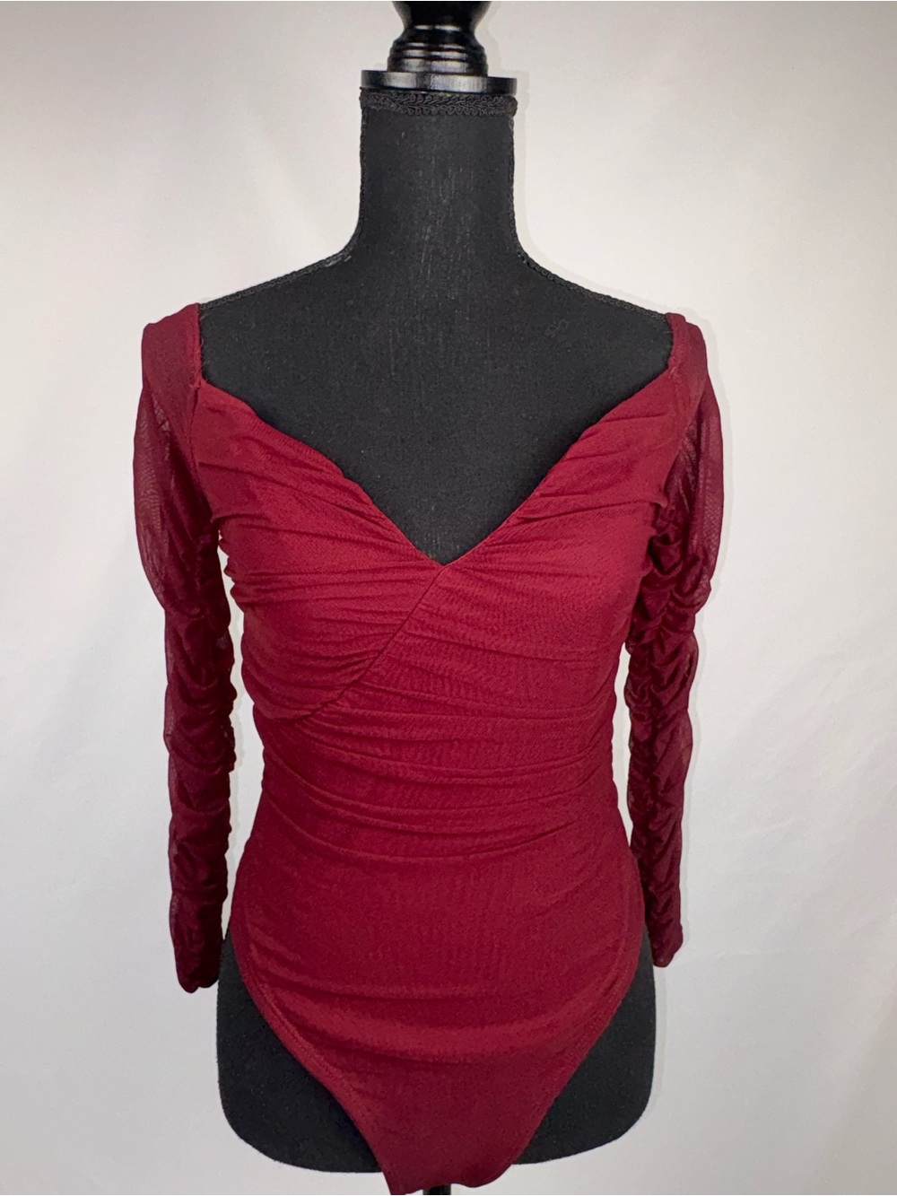 Burgundy bodysuit Deep V-neck Ruched Sheer Long-Sleeve - Picture 3 of 10